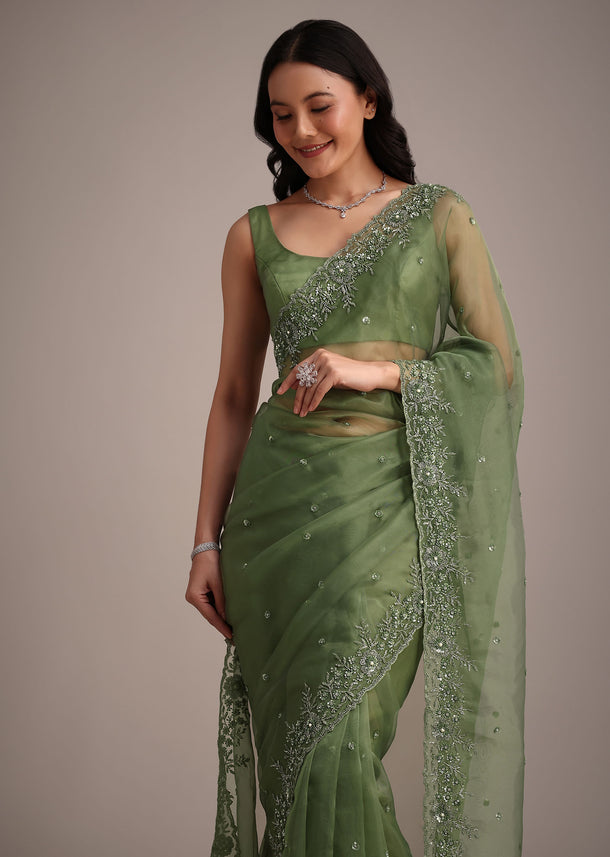 Forest Green Soft Organza Saree With Cutdana Sequin Embroidery
