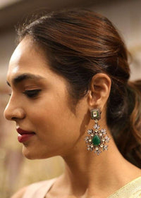 Forest Green Stone Stud Earrings With Kundan And Bugle Beads Online - Kalki Fashion