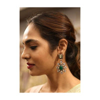 Forest Green Stone Stud Earrings With Kundan And Bugle Beads Online - Kalki Fashion