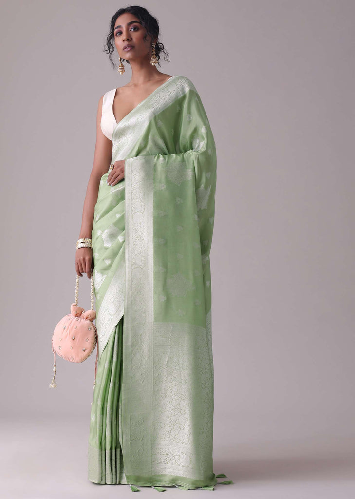 Forest Shade Green Woven Saree In Dola Silk And Silver Weave