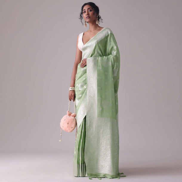 Forest Shade Green Woven Saree In Dola Silk And Silver Weave