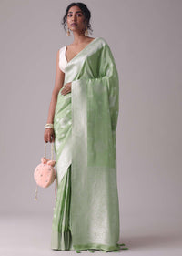 Forest Shade Green Woven Saree In Dola Silk And Silver Weave