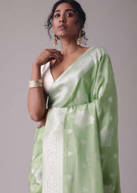 Forest Shade Green Woven Saree In Dola Silk And Silver Weave