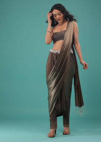 Fossil Brown Pre-Pleated Dhoti Saree In Knitted Pleated Fabric