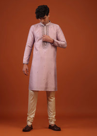 Lilac Purple Thread Embroidered Silk Kurta Set