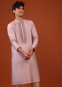 Lilac Purple Thread Embroidered Silk Kurta Set