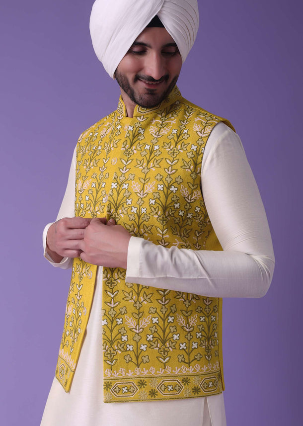 Freesia Yellow Bandi Jacket Set With Thread Embroidery