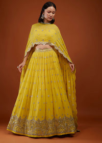 Daffodil Yellow Embroidered Lehenga In Georgette With Cape