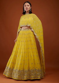 Daffodil Yellow Embroidered Lehenga In Georgette With Cape