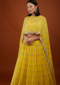 Daffodil Yellow Embroidered Lehenga In Georgette With Cape