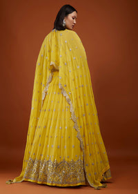 Daffodil Yellow Embroidered Lehenga In Georgette With Cape