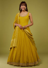 Mustard Yellow Georgette Anarkali Set With Brocade Dupatta