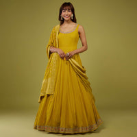 Mustard Yellow Georgette Anarkali Set With Brocade Dupatta