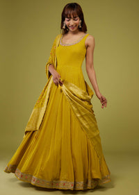 Mustard Yellow Georgette Anarkali Set With Brocade Dupatta