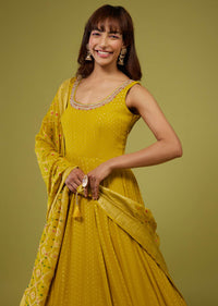 Mustard Yellow Georgette Anarkali Set With Brocade Dupatta