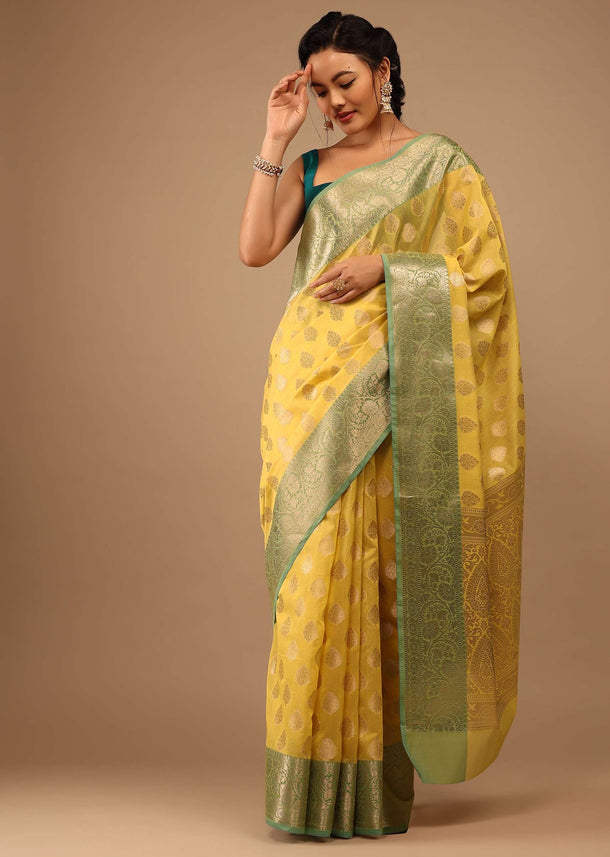 Cyber Yellow Saree In Banarsi Chanderi And Pure Handloom Cotton