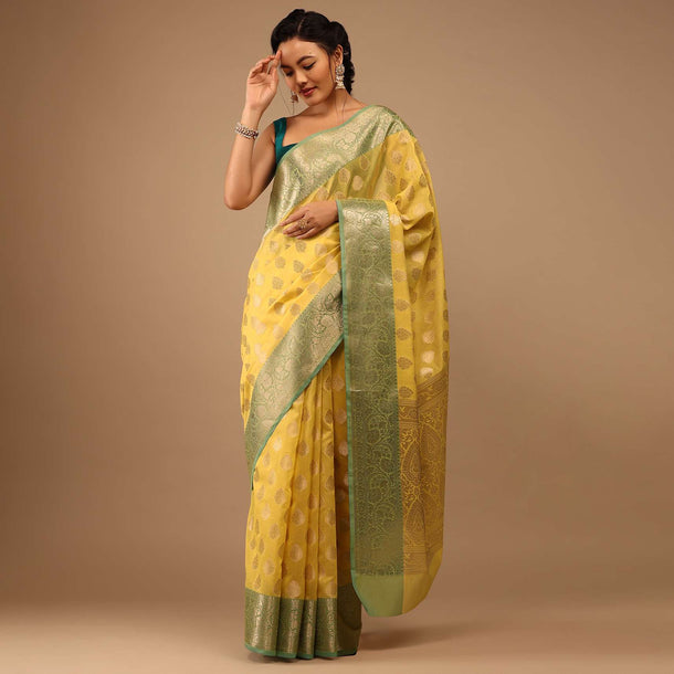 Cyber Yellow Saree In Banarsi Chanderi And Pure Handloom Cotton