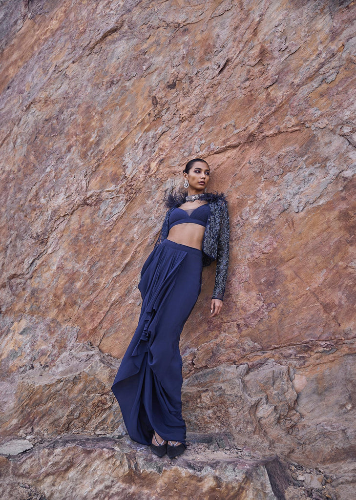 Midnight Blue Feathered Jacket With Draped Skirt And Bustier