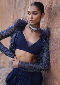 Midnight Blue Feathered Jacket With Draped Skirt And Bustier