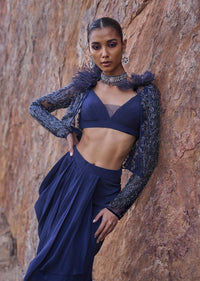 Midnight Blue Feathered Jacket With Draped Skirt And Bustier