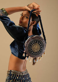 French Blue Lehenga With Multi Colored Hand Embroidered Scallop Design, Puff Sleeves Blouse And Embroidered Choker