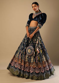 French Blue Lehenga With Multi Colored Hand Embroidered Scallop Design, Puff Sleeves Blouse And Embroidered Choker
