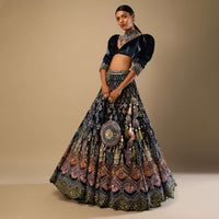 French Blue Lehenga With Multi Colored Hand Embroidered Scallop Design, Puff Sleeves Blouse And Embroidered Choker