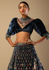 French Blue Lehenga With Multi Colored Hand Embroidered Scallop Design, Puff Sleeves Blouse And Embroidered Choker