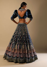 French Blue Lehenga With Multi Colored Hand Embroidered Scallop Design, Puff Sleeves Blouse And Embroidered Choker