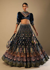 French Blue Lehenga With Multi Colored Hand Embroidered Scallop Design, Puff Sleeves Blouse And Embroidered Choker
