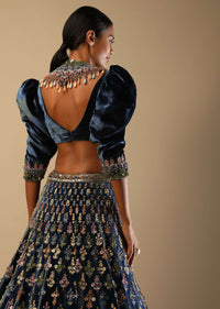 French Blue Lehenga With Multi Colored Hand Embroidered Scallop Design, Puff Sleeves Blouse And Embroidered Choker