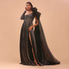 Dark Brown Embroidered Bridesmaid Gown With Front Slit And Ruffle