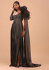 Dark Brown Embroidered Bridesmaid Gown With Front Slit And Ruffle