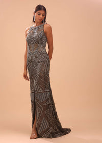 Chocolate Brown Embroidered Mermaid Gown