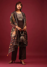 Dark Brown Printed Palazzo Suit In Tussar Silk With A Stunning Potli Bag