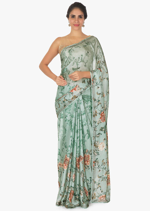 Frost blue floral print crepe satin saree