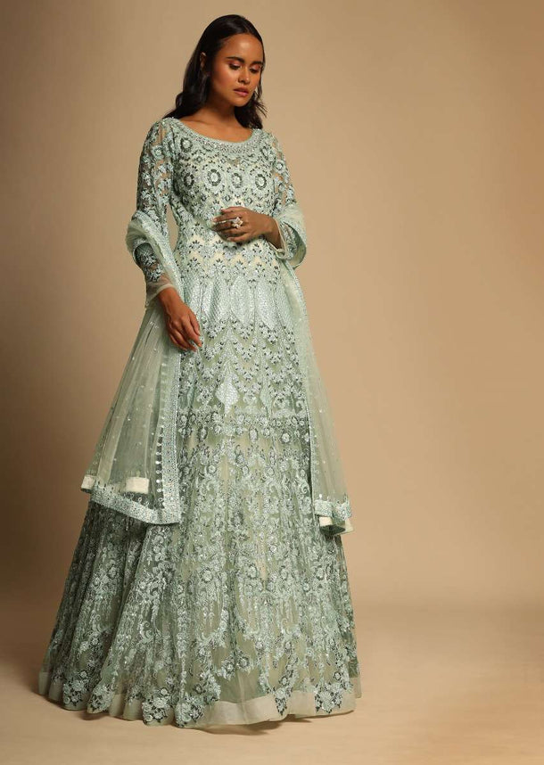 Frost Blue Indowestern Gown In Net Adorned With Resham, Sequins And Cut Dana Embroidery Kali Design Online - Kalki Fashion