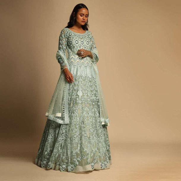 Frost Blue Indowestern Gown In Net Adorned With Resham, Sequins And Cut Dana Embroidery Kali Design Online - Kalki Fashion