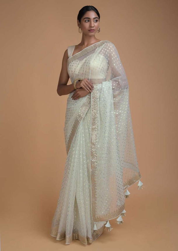 Frost White Saree In Organza With Foil Printed Buttis All Over Online - Kalki Fashion