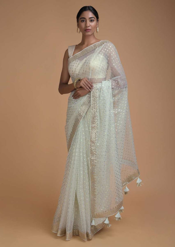 Frost White Saree In Organza With Foil Printed Buttis All Over Online - Kalki Fashion