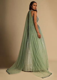 Frosted Green Empire Waist Gown In Beads Embellished Net With Shimmering Sequins Underlayer And Embellished Choker Drape Online - Kalki Fashion
