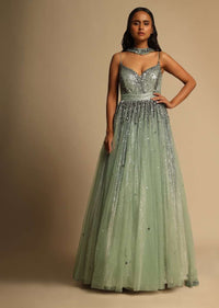 Frosted Green Empire Waist Gown In Beads Embellished Net With Shimmering Sequins Underlayer And Embellished Choker Drape Online - Kalki Fashion