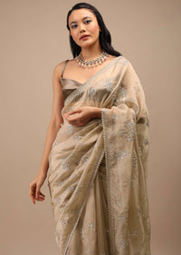 Frosted Almond Tissue Saree In Zardozi Embroidery Buttis, Leafy Motifs Embroidery Detailing On Border