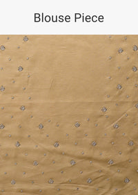 Frosted Almond Tissue Saree In Zardozi Embroidery Buttis, Leafy Motifs Embroidery Detailing On Border