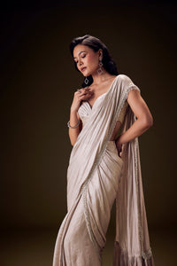 Frosted Ivory Satin Ruffled Saree Set