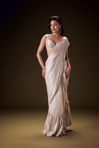 Frosted Ivory Satin Ruffled Saree Set