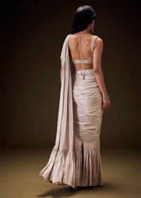 Frosted Ivory Satin Ruffled Saree Set