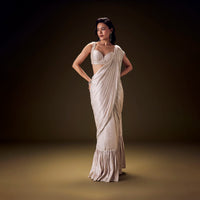 Frosted Ivory Satin Ruffled Saree Set