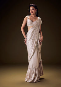 Frosted Ivory Satin Ruffled Saree Set