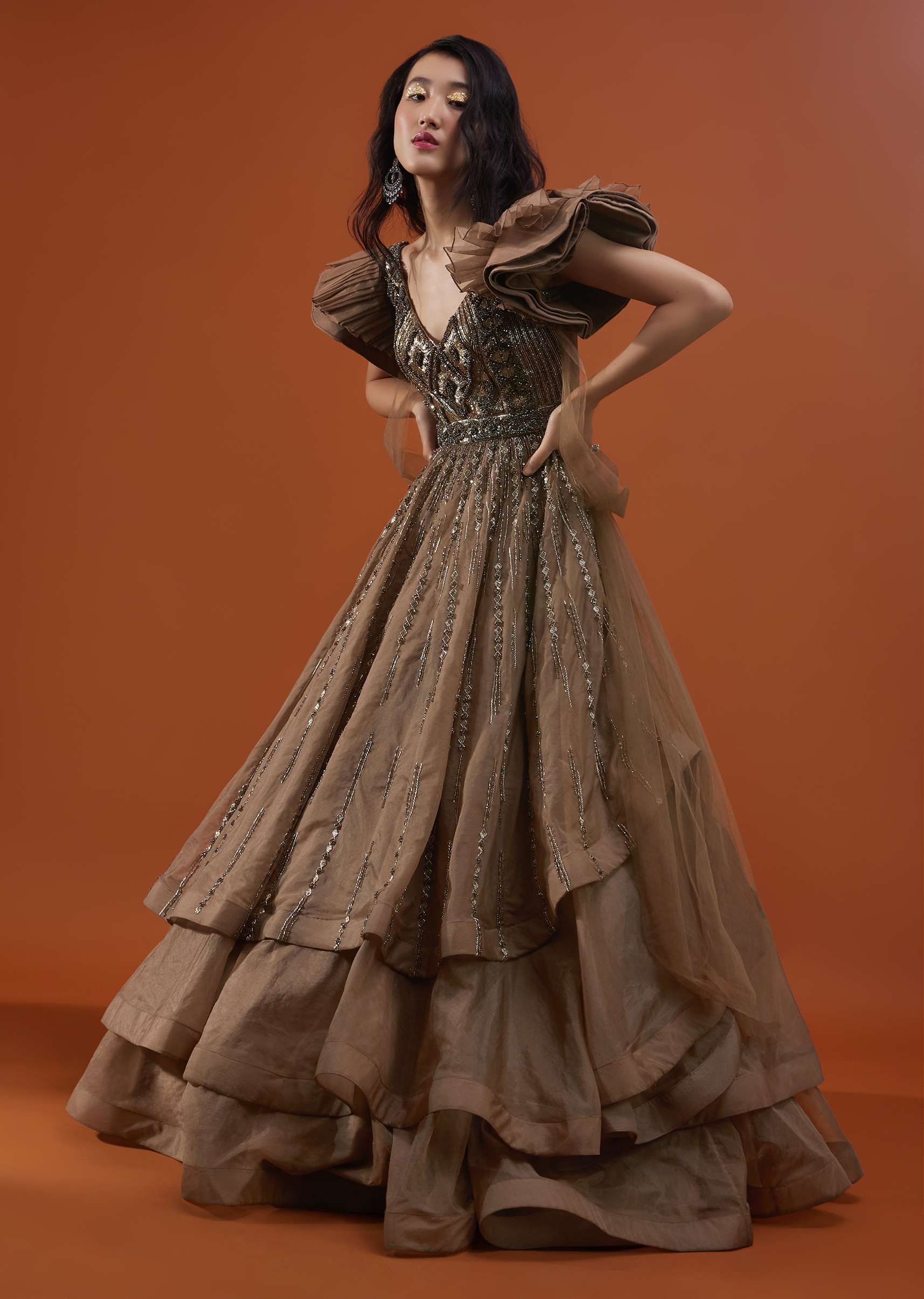 Coffee Brown Froufrou Organza Gown In With Frill Cap Sleeves - NOOR 2022